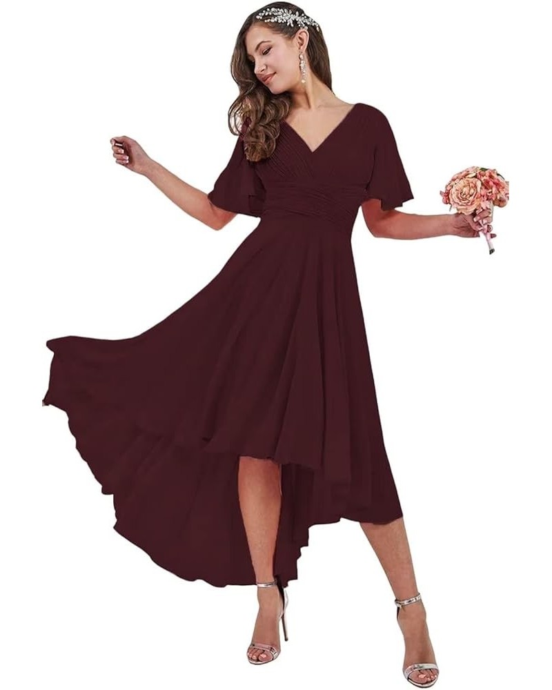 High Low Bridesmaid Dresses for Women V Neck Pleated Ruffle Sleeve Formal Evening Gown Burgundy $24.74 Dresses