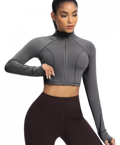 Workout Jackets For Women, Lightweight Full Zip Up Athletic Jacket Women Cropped Running Jackets With Thumb Holes Charcoal Gr...