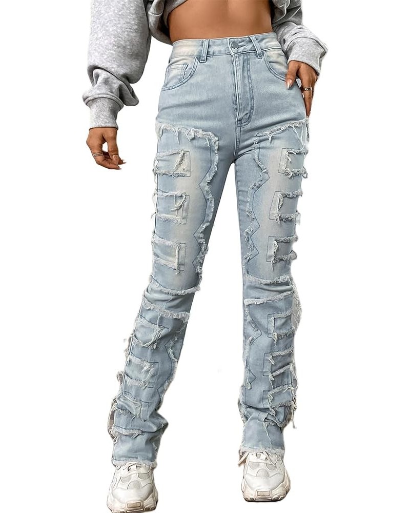 Women Ripped Boyfriend Jeans High Waist Baggy Plus Size Aesthetics Wide Leg Denim Pants Distressed Y2K Streetwear Stacked-blu...