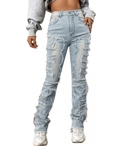 Women Ripped Boyfriend Jeans High Waist Baggy Plus Size Aesthetics Wide Leg Denim Pants Distressed Y2K Streetwear Stacked-blu...