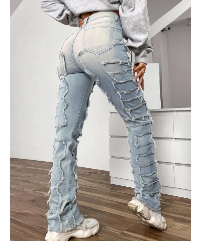 Women Ripped Boyfriend Jeans High Waist Baggy Plus Size Aesthetics Wide Leg Denim Pants Distressed Y2K Streetwear Stacked-blu...