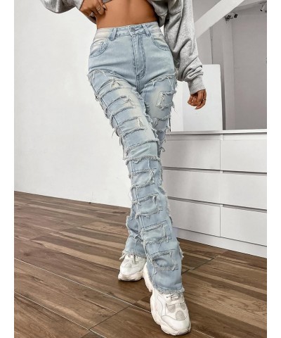 Women Ripped Boyfriend Jeans High Waist Baggy Plus Size Aesthetics Wide Leg Denim Pants Distressed Y2K Streetwear Stacked-blu...