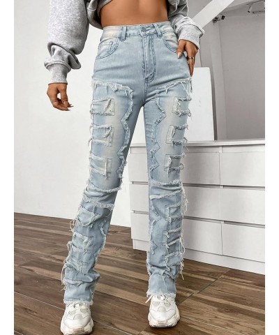 Women Ripped Boyfriend Jeans High Waist Baggy Plus Size Aesthetics Wide Leg Denim Pants Distressed Y2K Streetwear Stacked-blu...