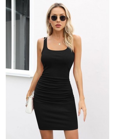 Women's Sleeveless Square Neck Ruched Bodycon Knit Sundress Summer Casual Short Tank Dress Black $13.20 Dresses