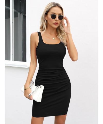 Women's Sleeveless Square Neck Ruched Bodycon Knit Sundress Summer Casual Short Tank Dress Black $13.20 Dresses