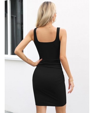 Women's Sleeveless Square Neck Ruched Bodycon Knit Sundress Summer Casual Short Tank Dress Black $13.20 Dresses