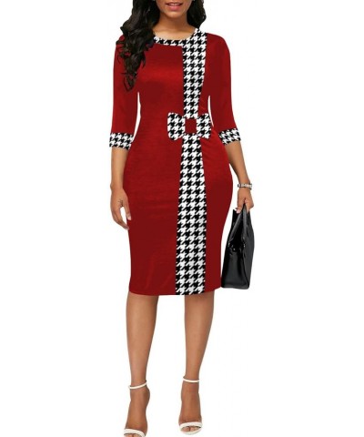 Women’s 3/4 Sleeve Round Neck Casual Houndstooth Bodycon Wear to Work Pencil Sheath Midi Dresses 11923 Red $23.36 Dresses