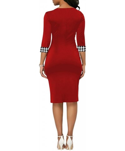 Women’s 3/4 Sleeve Round Neck Casual Houndstooth Bodycon Wear to Work Pencil Sheath Midi Dresses 11923 Red $23.36 Dresses