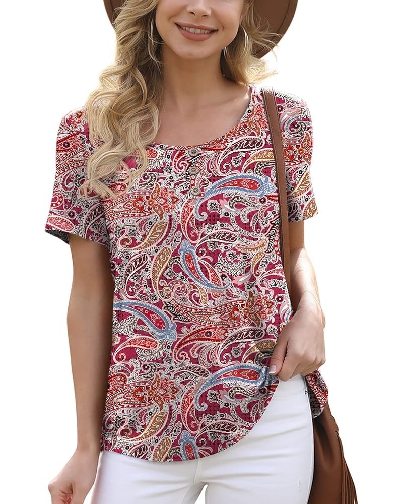 Women's Summer Floral Tunic Tops Casual Blouse Short Sleeve Buttons Up T-Shirts 25 Flower Cashew Red $12.25 Blouses