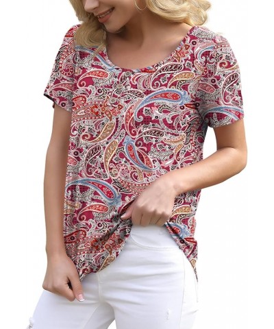 Women's Summer Floral Tunic Tops Casual Blouse Short Sleeve Buttons Up T-Shirts 25 Flower Cashew Red $12.25 Blouses