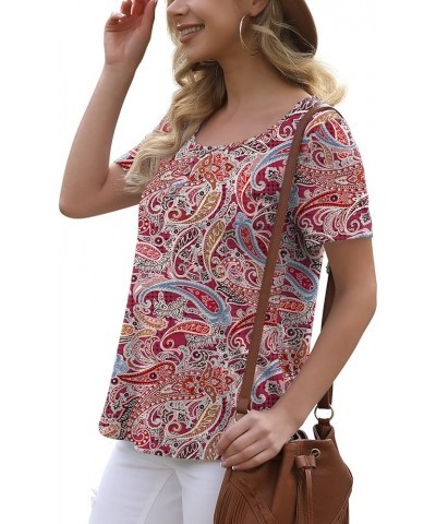 Women's Summer Floral Tunic Tops Casual Blouse Short Sleeve Buttons Up T-Shirts 25 Flower Cashew Red $12.25 Blouses