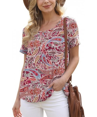 Women's Summer Floral Tunic Tops Casual Blouse Short Sleeve Buttons Up T-Shirts 25 Flower Cashew Red $12.25 Blouses