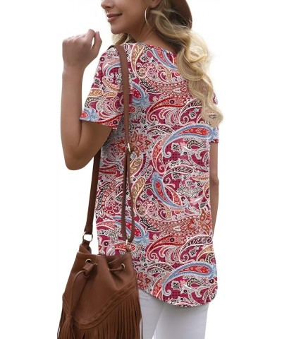 Women's Summer Floral Tunic Tops Casual Blouse Short Sleeve Buttons Up T-Shirts 25 Flower Cashew Red $12.25 Blouses