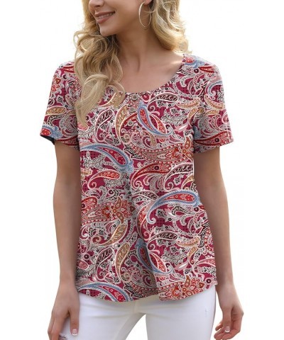 Women's Summer Floral Tunic Tops Casual Blouse Short Sleeve Buttons Up T-Shirts 25 Flower Cashew Red $12.25 Blouses