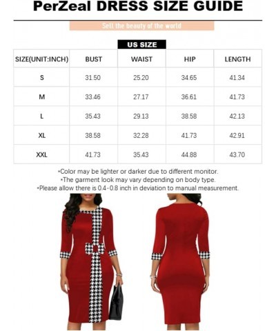 Women’s 3/4 Sleeve Round Neck Casual Houndstooth Bodycon Wear to Work Pencil Sheath Midi Dresses 11923 Red $23.36 Dresses