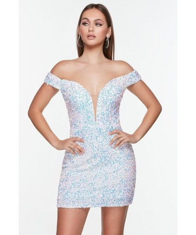 Women's Off Shoulder Short Prom Dress 2024 Glitter Sequin Homecoming Dresses for Teens Sparkly Cocktail Party Gowns Light Blu...