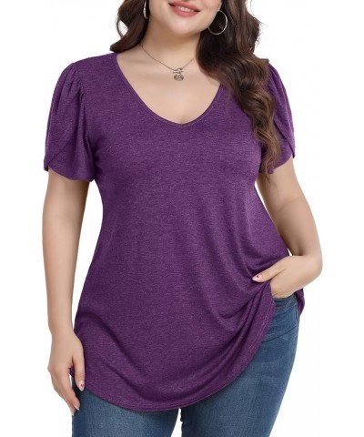 Plus Size Womens Tops Summer Casual T Shirts V Neck Tunic Petal Sleeve Loose D-dark Purple Petal Sleeve $14.21 T-Shirts