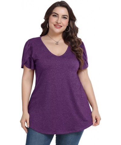 Plus Size Womens Tops Summer Casual T Shirts V Neck Tunic Petal Sleeve Loose D-dark Purple Petal Sleeve $14.21 T-Shirts