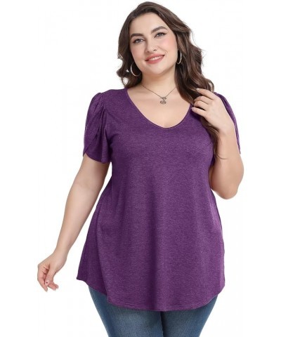 Plus Size Womens Tops Summer Casual T Shirts V Neck Tunic Petal Sleeve Loose D-dark Purple Petal Sleeve $14.21 T-Shirts