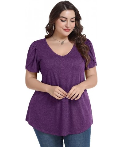 Plus Size Womens Tops Summer Casual T Shirts V Neck Tunic Petal Sleeve Loose D-dark Purple Petal Sleeve $14.21 T-Shirts