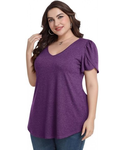 Plus Size Womens Tops Summer Casual T Shirts V Neck Tunic Petal Sleeve Loose D-dark Purple Petal Sleeve $14.21 T-Shirts