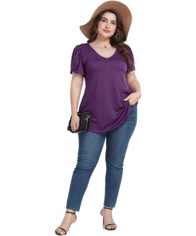 Plus Size Womens Tops Summer Casual T Shirts V Neck Tunic Petal Sleeve Loose D-dark Purple Petal Sleeve $14.21 T-Shirts