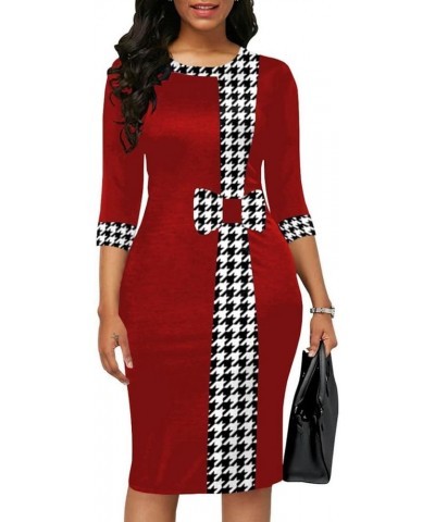 Women’s 3/4 Sleeve Round Neck Casual Houndstooth Bodycon Wear to Work Pencil Sheath Midi Dresses 11923 Red $23.36 Dresses