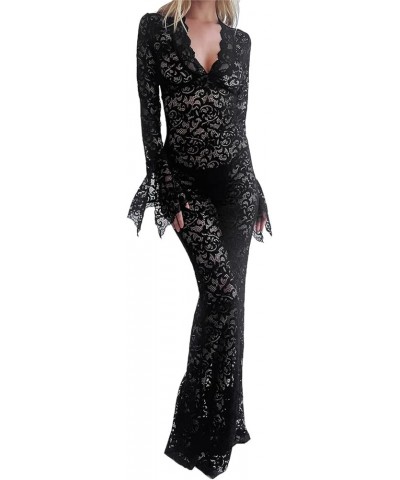 Sexy See Through Sheer Lace Maxi Dress Patchwork Backless Bodycon Long Dresses Beach Vacation Party Wear Maxi V Neck Black $1...