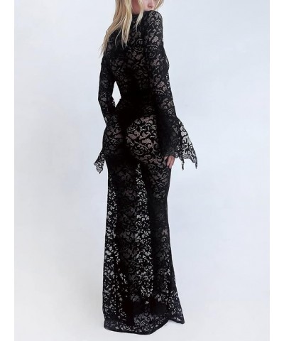 Sexy See Through Sheer Lace Maxi Dress Patchwork Backless Bodycon Long Dresses Beach Vacation Party Wear Maxi V Neck Black $1...