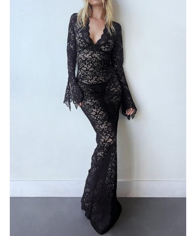 Sexy See Through Sheer Lace Maxi Dress Patchwork Backless Bodycon Long Dresses Beach Vacation Party Wear Maxi V Neck Black $1...