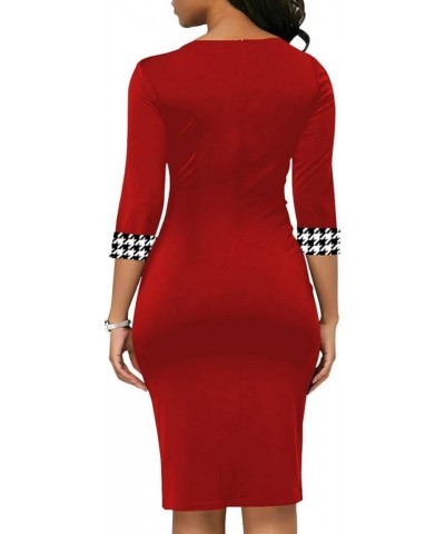 Women’s 3/4 Sleeve Round Neck Casual Houndstooth Bodycon Wear to Work Pencil Sheath Midi Dresses 11923 Red $23.36 Dresses