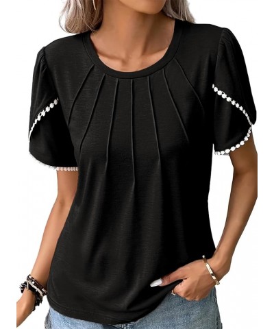 Women's Pleated Dressy Blouses Summer Casual Crewneck Lace Crochet Short Sleeve Shirts Cute Loose Tunic Tops Black $11.65 Tops