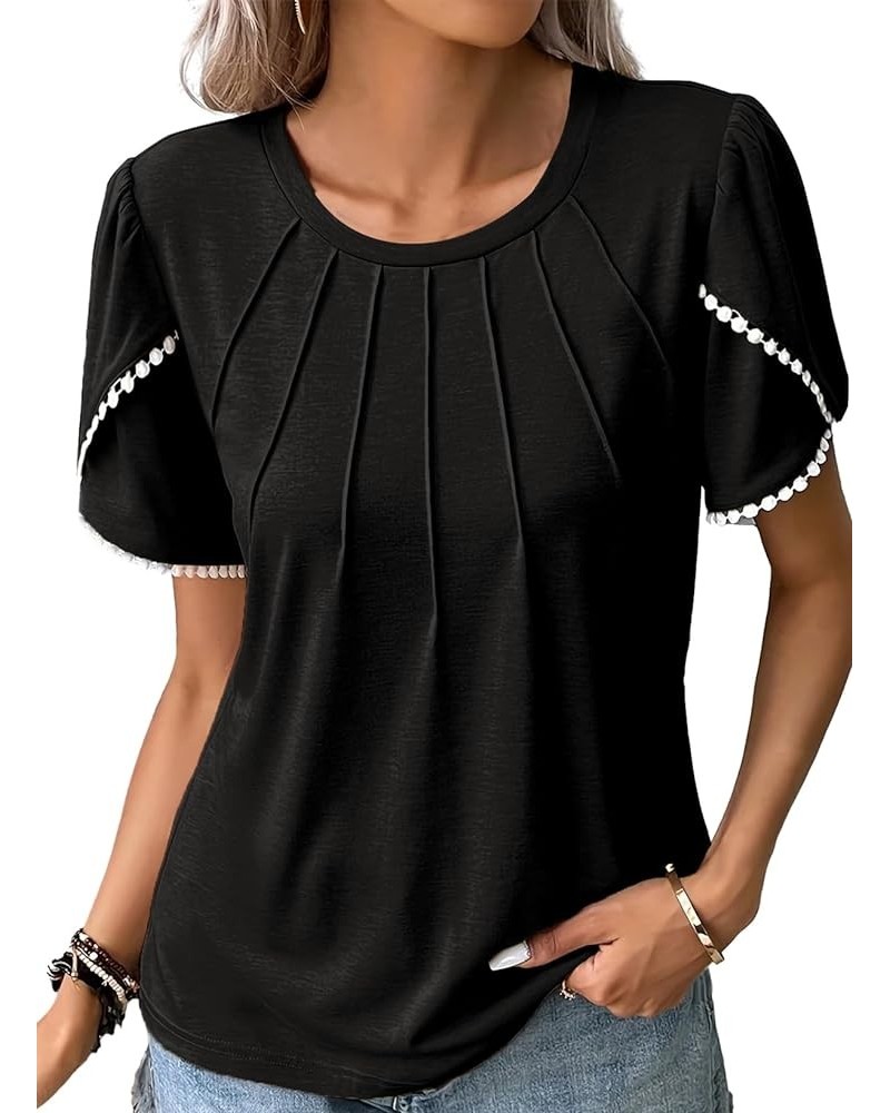 Women's Pleated Dressy Blouses Summer Casual Crewneck Lace Crochet Short Sleeve Shirts Cute Loose Tunic Tops Black $11.65 Tops