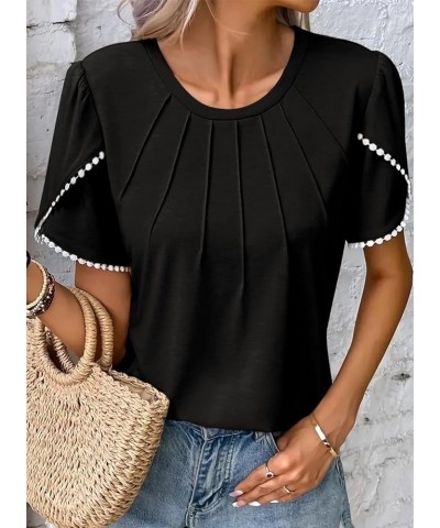 Women's Pleated Dressy Blouses Summer Casual Crewneck Lace Crochet Short Sleeve Shirts Cute Loose Tunic Tops Black $11.65 Tops