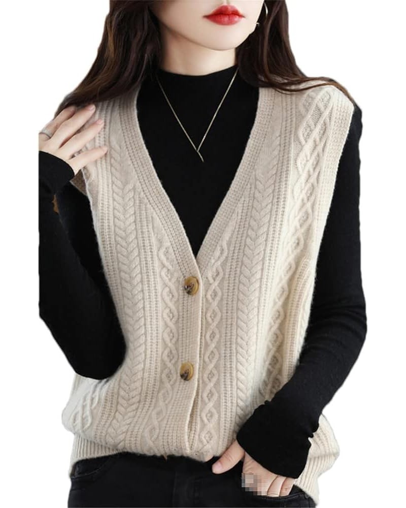 Women 100% Cashmere Sweater Vest Cable Knitted Sleeveless V-Neck Cardigan Sweater Button Vest Beige $30.80 Sweaters