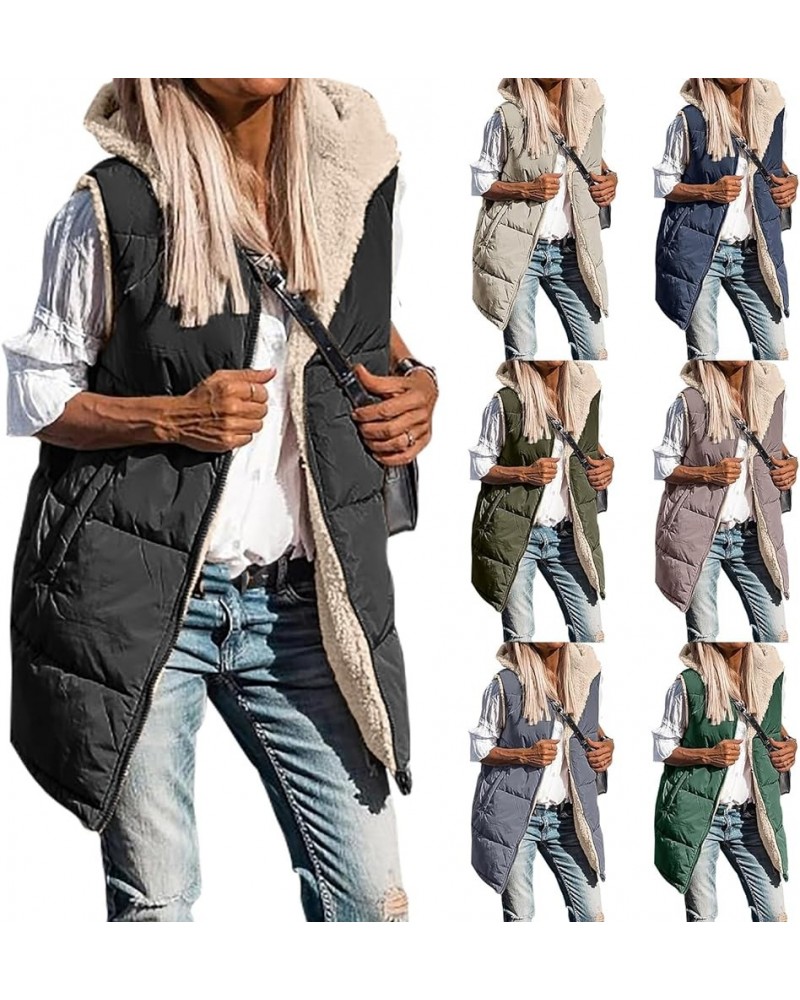 Womens Reversible Vests Sleeveless Jacket Zip Up Hoodie 2023 Fall Winter Warm Long Fleece Coat Outerwear with Pockets Black $...