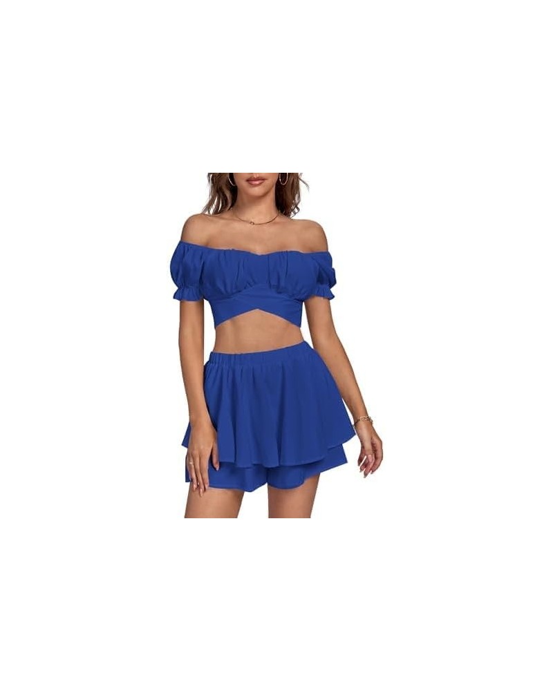 Women's 2 Piece Outfits Off Shoulder Tie Back Crop Top and Layered Shorts Set Royal Blue $16.50 Jumpsuits