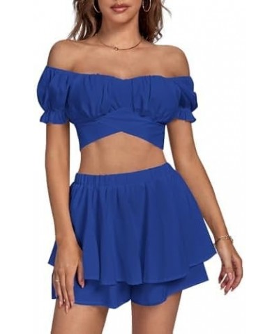 Women's 2 Piece Outfits Off Shoulder Tie Back Crop Top and Layered Shorts Set Royal Blue $16.50 Jumpsuits