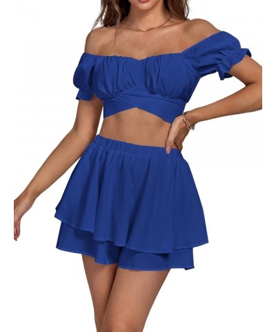 Women's 2 Piece Outfits Off Shoulder Tie Back Crop Top and Layered Shorts Set Royal Blue $16.50 Jumpsuits