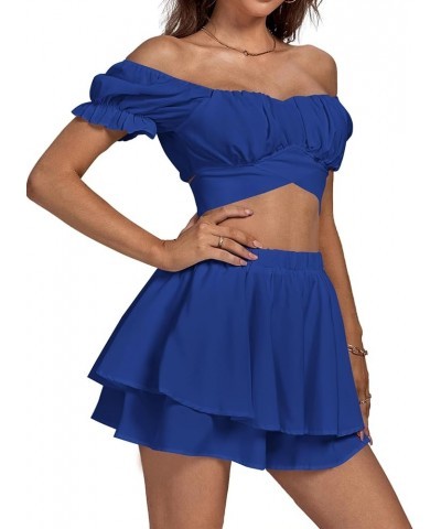 Women's 2 Piece Outfits Off Shoulder Tie Back Crop Top and Layered Shorts Set Royal Blue $16.50 Jumpsuits