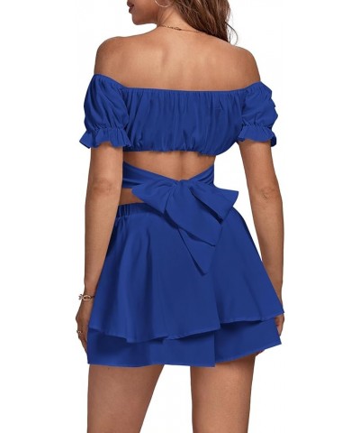 Women's 2 Piece Outfits Off Shoulder Tie Back Crop Top and Layered Shorts Set Royal Blue $16.50 Jumpsuits