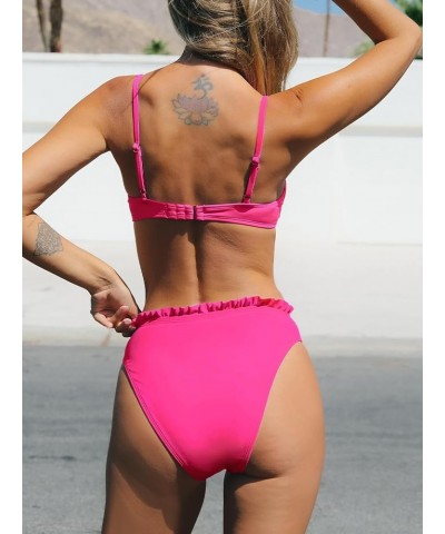 Women Swimsuit Bikini Set High Waisted Push Up Cheeky Drawstring Two Piece Bathing Suit Hot Pink $21.19 Swimsuits