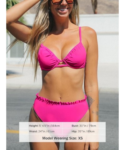 Women Swimsuit Bikini Set High Waisted Push Up Cheeky Drawstring Two Piece Bathing Suit Hot Pink $21.19 Swimsuits