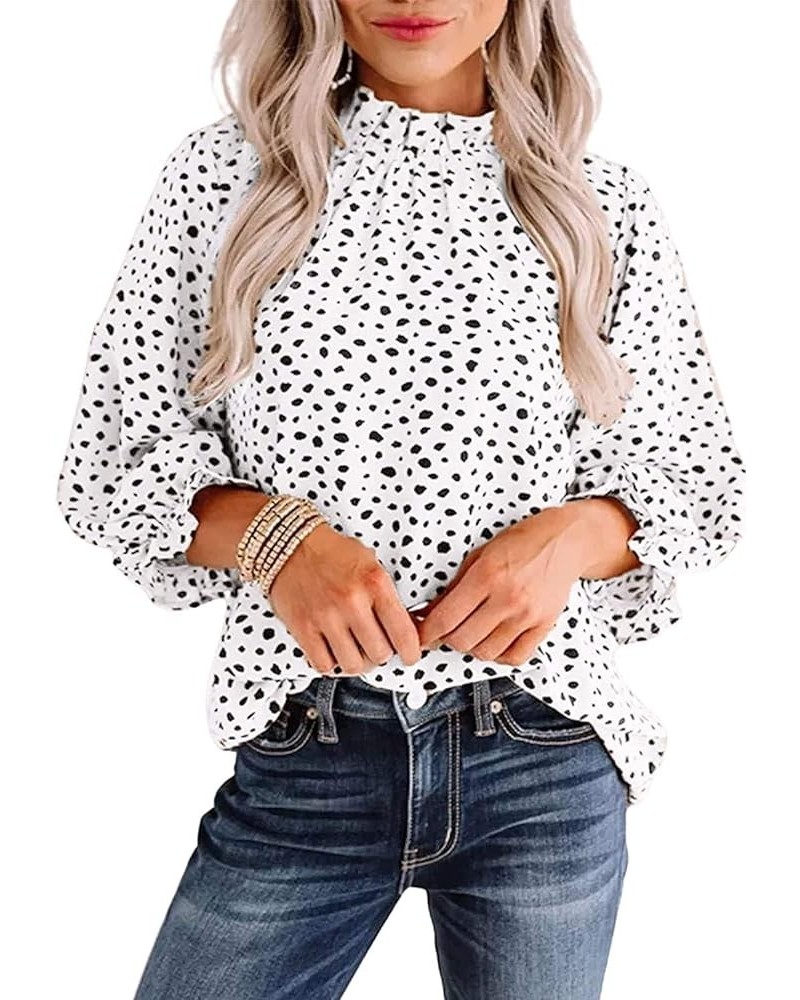 Women's Leopard Printed Ruffle Hem Long Sleeve Mock Neck Blouses Top White $10.61 Blouses