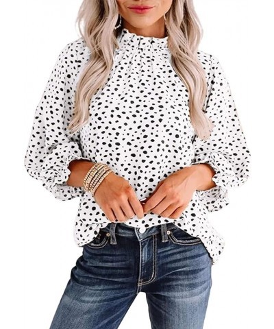 Women's Leopard Printed Ruffle Hem Long Sleeve Mock Neck Blouses Top White $10.61 Blouses