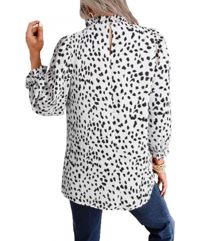 Women's Leopard Printed Ruffle Hem Long Sleeve Mock Neck Blouses Top White $10.61 Blouses