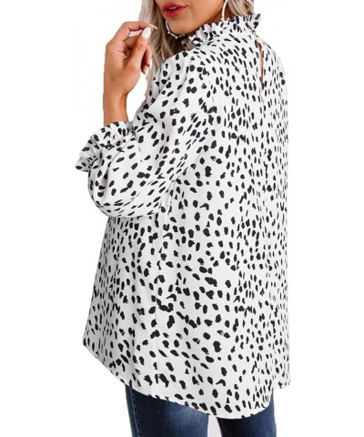 Women's Leopard Printed Ruffle Hem Long Sleeve Mock Neck Blouses Top White $10.61 Blouses