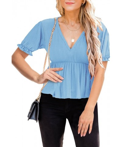 Women's Puff Sleeve Ruffle Hem Peplum Top Short Sleeve Light Blue $9.87 Blouses