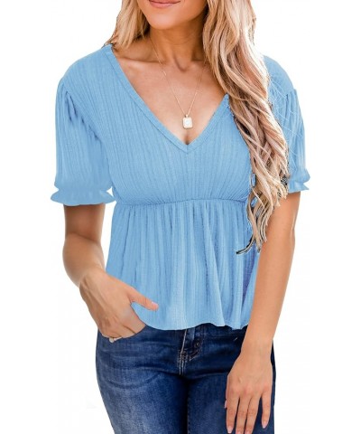 Women's Puff Sleeve Ruffle Hem Peplum Top Short Sleeve Light Blue $9.87 Blouses