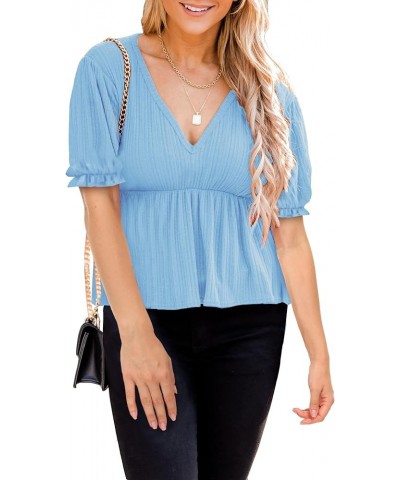 Women's Puff Sleeve Ruffle Hem Peplum Top Short Sleeve Light Blue $9.87 Blouses